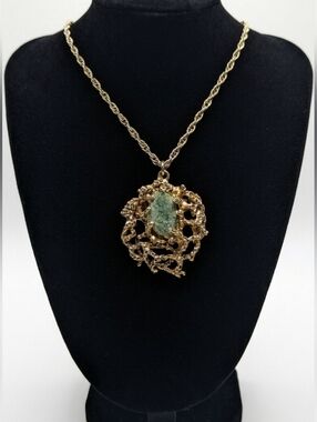 ​Vintage Mid Century Brutalist Statement Necklace Raw Green Stone